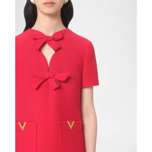 Valentino Garavani V-Logo Pockets Bow red Crepe Mini Dress size IT 36/ US 0 - Picture 4 of 14